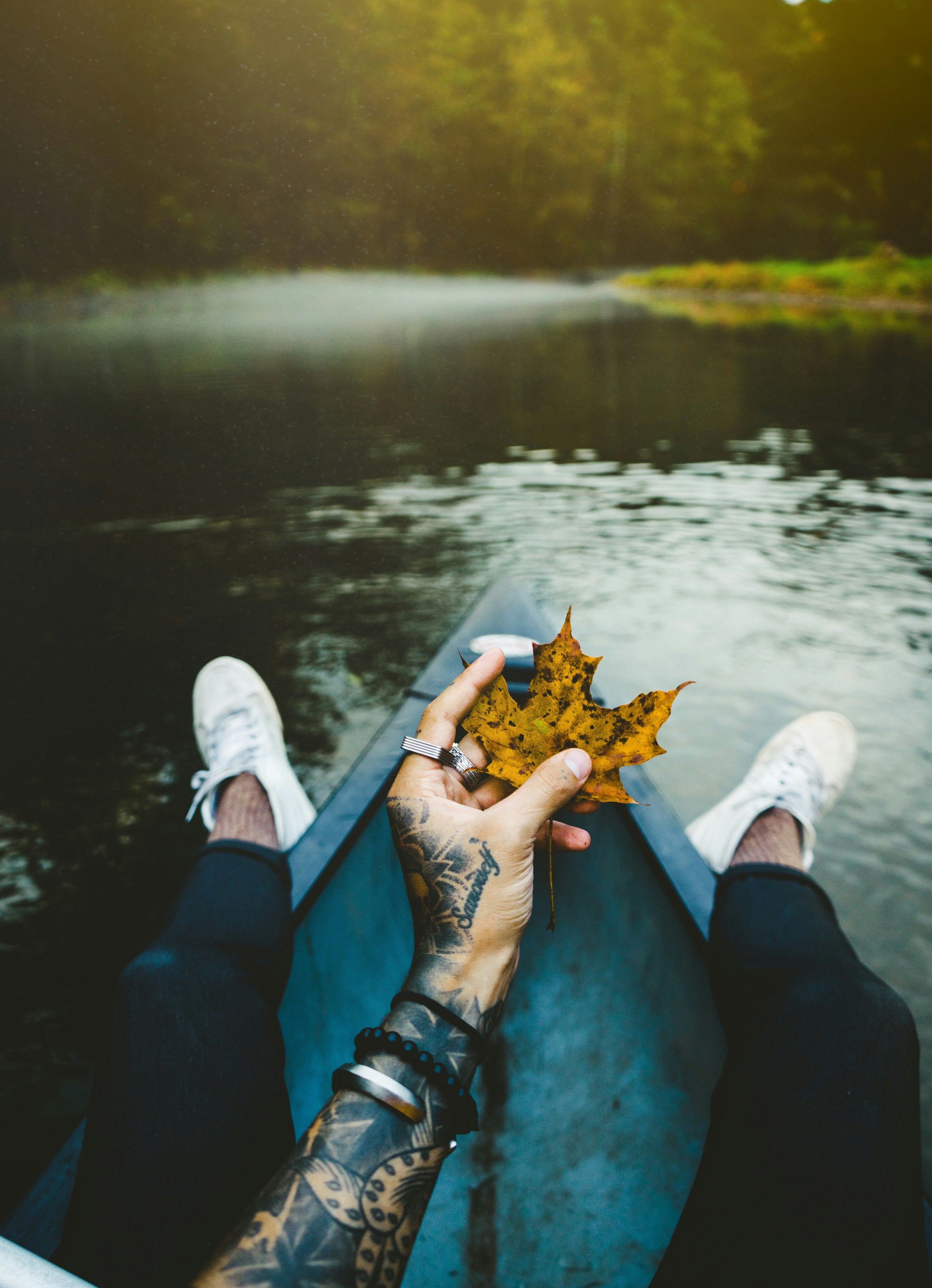 person sitting on boat and holding brown leaf